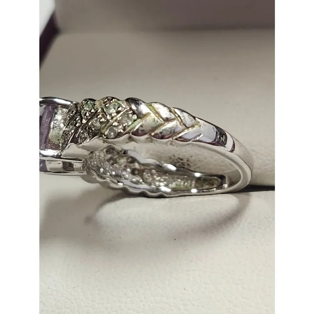 Silver Plated Amethyst Ring with Pavé Accents - Purple Size 6